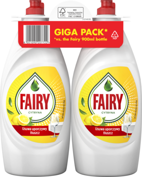Dwupak płynu do naczyń Fairy Original Cytryna, dwie białe butelki z żółtymi etykietami, z przodu, połączone czerwoną opaską GIGA PACK.