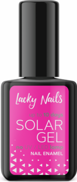 Różowy lakier Lacky Nails Solar Gel hot pink w czarnej butelce, utwardzany słońcem, widok z przodu.