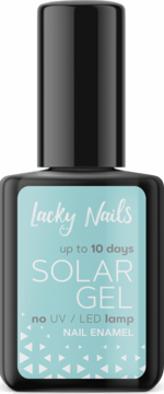 Lacky Nails Solar Gel Nail Enamel w miętowej butelce, widok z przodu, bez lampy UV/LED, trwałość do 10 dni.