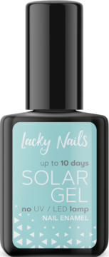 Miętowy lakier Lacky Nails Solar Gel w ciemnej butelce, "up to 10 days", bez lampy UV/LED. Widok z przodu.