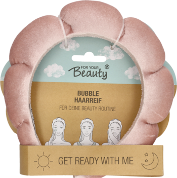 Miękka, różowa opaska do włosów Bubble HaarReif na opakowaniu "For your Beauty", dla rutyny pielęgnacyjnej.