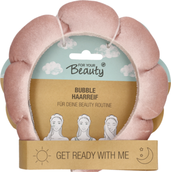 Miękka, różowa opaska do włosów Bubble HaarReif na opakowaniu "For your Beauty", dla rutyny pielęgnacyjnej.