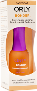 Baza ORLY Bonder Rubberized Basecoat dla trwałych manicure, w pomarańczowej butelce z fioletową nakrętką.