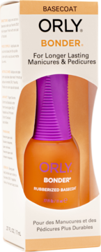 Baza ORLY Bonder Rubberized Basecoat dla trwałych manicure, w pomarańczowej butelce z fioletową nakrętką.