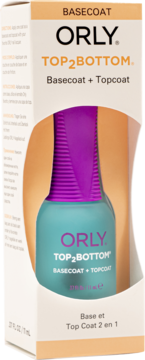 Orly Top2Bottom lakier 2w1, bazowy i nawierzchniowy, tealowa butelka w otwartym pomarańczowym pudełku, widok z przodu.