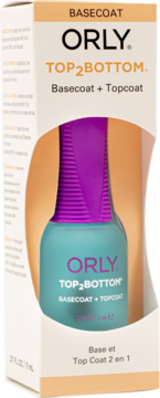 Orly Top2Bottom lakier 2w1, bazowy i nawierzchniowy, tealowa butelka w otwartym pomarańczowym pudełku, widok z przodu.