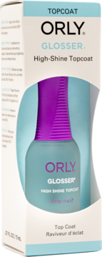 ORLY GLOSSER High-Shine Topcoat in its white box with blue accents, clear bottle with purple cap, front view.
