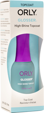 ORLY GLOSSER High-Shine Topcoat in its white box with blue accents, clear bottle with purple cap, front view.