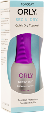 Orly Sec N' Dry Quick Dry Topcoat w opakowaniu. Białe pudełko z błękitnymi akcentami i fioletową nakrętką widoczną przez wycięcie.