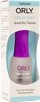 Orly Sec N' Dry Quick Dry Topcoat w opakowaniu. Białe pudełko z błękitnymi akcentami i fioletową nakrętką widoczną przez wycięcie.