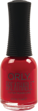 Czerwony lakier Orly Breathable 1-Step Manicure w szklanej butelce z czarnym korkiem, widok z przodu.