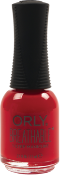 Czerwony lakier Orly Breathable 1-Step Manicure w szklanej butelce z czarnym korkiem, widok z przodu.