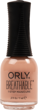 Różowy lakier do paznokci Orly Breathable 1-Step Manicure, butelka z czarną zakrętką, widok z przodu.