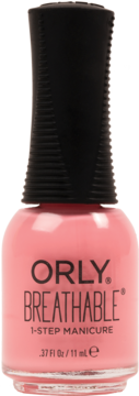 Różowy lakier Orly Breathable 1-Step Manicure, formuła all-in-one, czarna nakrętka, widok z przodu.