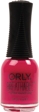 Malinowy lakier Orly Breathable Heart Beet, 1-Step Manicure, w szklanej butelce z czarną, żebrowaną nakrętką.