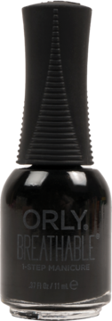 Czarny lakier Orly Breathable Mind Over Matter, butelka z ryflowaną nakrętką, widok z przodu.