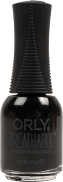 Czarny lakier Orly Breathable Mind Over Matter, butelka z ryflowaną nakrętką, widok z przodu.