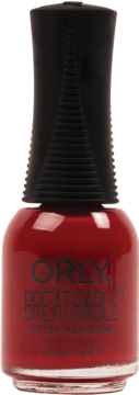 Butelka czerwonego lakieru Orly Breathable 1-Step Manicure z czarną, prążkowaną nakrętką, widok z przodu.