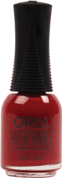 Butelka czerwonego lakieru Orly Breathable 1-Step Manicure z czarną, prążkowaną nakrętką, widok z przodu.