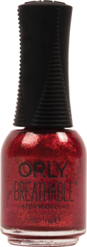 Błyszczący, czerwony lakier Orly Breathable 1-Step Manicure w butelce z czarną nakrętką, widok z przodu.