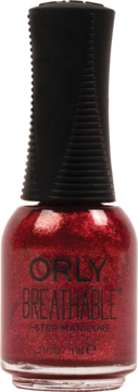 Błyszczący, czerwony lakier Orly Breathable 1-Step Manicure w butelce z czarną nakrętką, widok z przodu.
