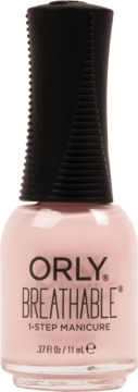 Różowy lakier Orly Breathable 1-Step Manicure w szklanej butelce z czarną nakrętką, widok z przodu.