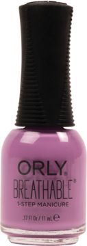Lawendowy lakier Orly Breathable 1-Step Manicure, fioletowa butelka z czarnym korkiem, widok z przodu.