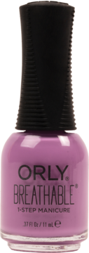 Lawendowy lakier Orly Breathable 1-Step Manicure, fioletowa butelka z czarnym korkiem, widok z przodu.