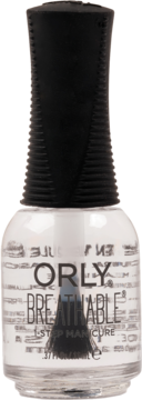 Przezroczysty lakier Orly Breathable Treatment Shine z czarną zakrętką, widok z przodu, napis 1-STEP MANICURE.