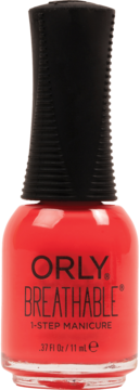 Czerwony lakier Orly Breathable 1-Step Manicure w butelce z czarną nakrętką, widok z przodu.