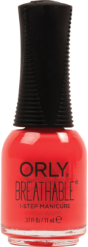 Czerwony lakier Orly Breathable 1-Step Manicure w butelce z czarną nakrętką, widok z przodu.