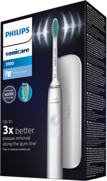 Biała szczoteczka soniczna Philips Sonicare 3100 z zieloną główką, obok pudełka i białego etui podróżnego.