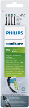 Philips Sonicare W2 Optimal White 4 sztuki końcówek, białe opakowanie z zielonymi detalami, widok z przodu.