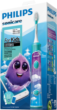 Biało-niebieska szczoteczka Philips Sonicare For Kids w opakowaniu z rysunkiem fioletowego potworka, widok z przodu.