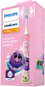Różowe opakowanie szczoteczki sonicznej Philips Sonicare For Kids 3+, z potworkiem i wizualizacją aplikacji.