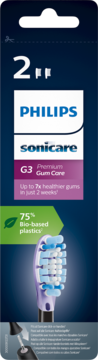 Opakowanie Philips Sonicare G3 Premium Gum Care z 2 fioletowymi główkami, widok z przodu, 75% bio-plastik.