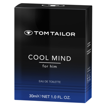 Black box of Tom Tailor Cool Mind for Him EDT, 30ml, with blue base, standing, frontal view.