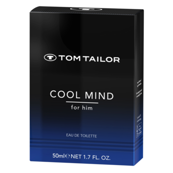 Tom Tailor Cool Mind for Him, ciemne pudełko EDT z biało-niebieskim gradientem, widok z przodu.