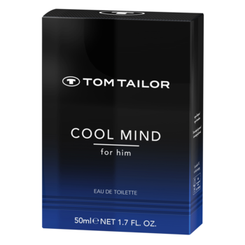 Tom Tailor Cool Mind for Him, ciemne pudełko EDT z biało-niebieskim gradientem, widok z przodu.
