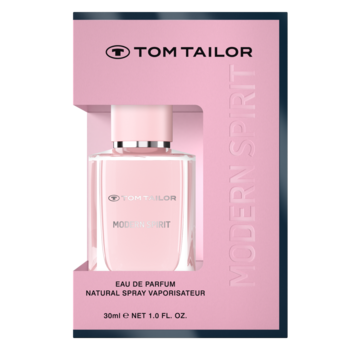 Tom Tailor Modern Spirit woda perfumowana w różowym pudełku z wycięciem, przez które widać szklaną butelkę.