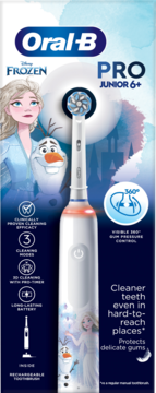 Oral-B PRO JUNIOR 6+ szczoteczka elektryczna Disney Frozen, z Elsą i Olafem, w ciemnoniebieskim opakowaniu, widok z przodu.