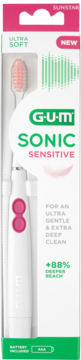 GUM SONIC SENSITIVE ultra soft toothbrush in white and pink box, frontal view, with pink brush head.