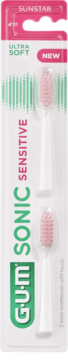 GUM SONIC SENSITIVE: 2 różowe, ultra miękkie główki szczoteczki sonicznej, w opakowaniu blister, widok z przodu.