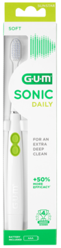 Biała szczoteczka soniczna GUM SONIC DAILY SOFT do głębokiego czyszczenia, w zielono-białym opakowaniu, widok z przodu.