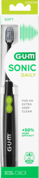 Szczoteczka soniczna GUM Sonic Daily, czarna, w białym opakowaniu z zielonymi akcentami, widok z przodu.