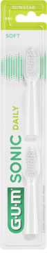 Opakowanie 2 końcówek GUM SONIC DAILY Soft od Sunstar GUM, białe z zielonym logo, widok z przodu.
