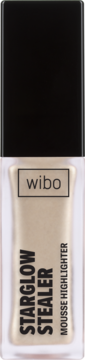 Wibo Starglow Stealer Mousse Highlighter, jasny, lśniący płyn w butelce z czarną nakrętką, widok z przodu.