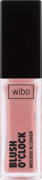 Róż w płynie Wibo Blush O'Clock Mousse Blusher, w przezroczystej butelce z czarną nakrętką, widok z przodu.