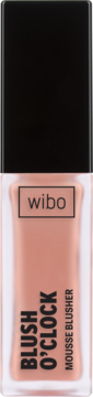 Widok z przodu różu w płynie Wibo Blush O'Clock Mousse Blusher, brzoskwiniowa butelka z czarną nakrętką.