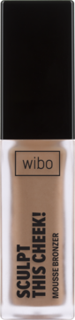 Wibo Sculpt This Cheek! Mousse Bronzer, brązowy mus w przezroczystej butelce z czarną nakrętką, widok z przodu.